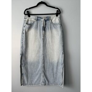 Rebecca Minkoff Light‎ Wash Denim Boho Deep Side Slits Midi Skirt Size 14
